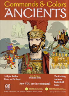 Cover of Commands & Colors: Ancents - a Roman officer looks out as a battle rages in the background