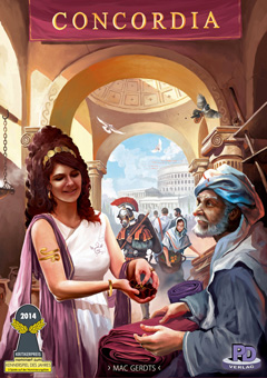 Cover of Concordia: a woman pays a merchant in a busy marketplace