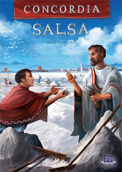 Cover of Concordia: Salsa, showing a man in a toga buying a cone of salt with salt being harvested in the background