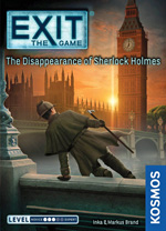 Cover of EXIT: The Disappearance of Sherlock Holmes, showing a deerstalker-wearing figure jumping into the river Thames in front of Big Ben