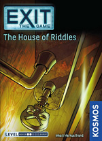 Cover of EXIT - The House of Riddles: a brass key protrudes from a brass door lock