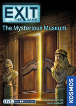 Cover of EXIT: Mysterious Museum - light gleams from behind a doorway flanked by ancient busts