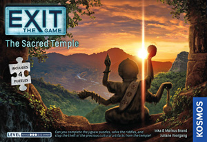 Cover from EXIT: The Sacred Temple - a four-armed idol against the rising sun