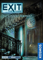 Cover of EXIT: Sinister Mansion - nighttime in the mansion's hallway with a large clock and a sweeping stairway