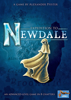 Cover of Expedition to Newdale: a cloaked figure stands against the background of a partial map in shades of blue