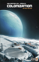 Cover of High Frontier 4 All module 2: a gas planet rises over a colony under construction on its moon