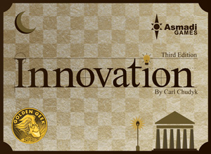 Innovation cover - a pale brown checkerboard with icons from the game