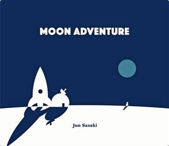The cover of Moon Adventure: a classic 50s-style spaceship with a lone astronaut on the sureface of the Moon