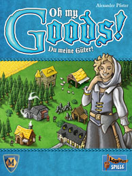 Cover from Oh my Goods! - a view of a medieval village with a worker in front of it