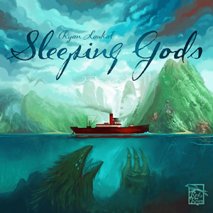Cover of Sleeping Gods: a steamship against a background of mountainous islands an looming skies with a monster in the sea underneath