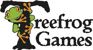 Treefrog Games logo: a bright green treefrog clambers around the capital T