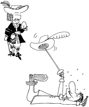 A socialite dabs a kerchief to his nose at the sight of a recumbent drunk