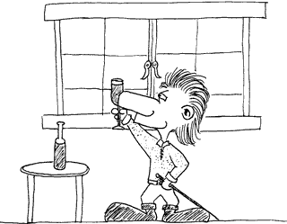 A hatless Musketeer raises a glass of wine in a toast