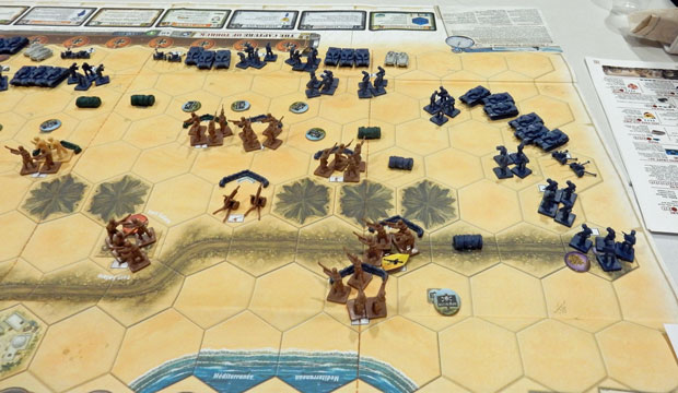 The starting position on my flank of the Memoir '44 Overlord game: Allied troops dug in aganist the Axis tanks