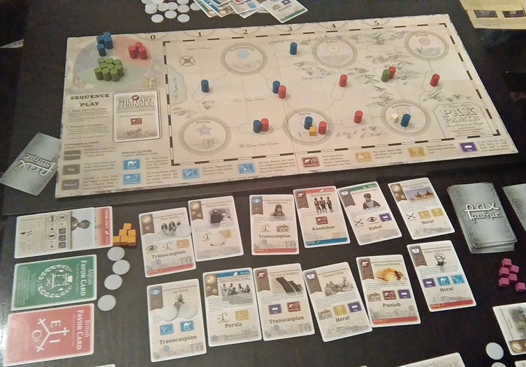Photo of a game of Pax Pamir - with the add-on board