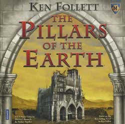 Pillars of the Earth box art: a cathedral under construction