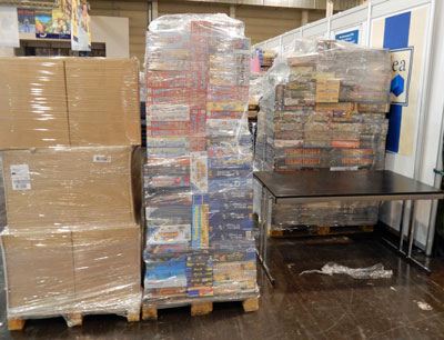 Wrapped pallets of games waiting to be unpacked