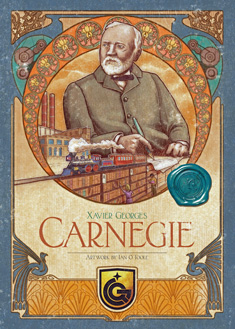 Cover of Carnegie: a portrait of the man himself alongside a factory, a railroad and a library