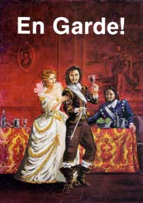 En Garde! cover - a musketeer raises his sword with a glass of wine in his other hand and a woman on his arm