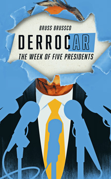 Cover of DerrocAr: a politician, his face obscured by the game title, stands behind microphones
