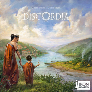 Cover of Discordia: in Ancient Roman dress, a mother and child look out over a settlement on the banks of the Rhine