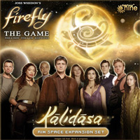 Cover of Firefly: the Game - Kalidasa expansion showing the crew in front of Kalidasa's golden sun