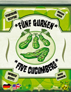 Cover of Five Cucumbers: five cucumbers (gherkins?) in the centre of a green and white design