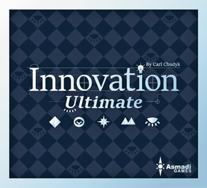 Cover of Innovation Ultimate: game title and icons on a grey and black patterned background