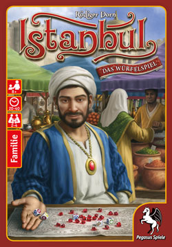 Cover of Istanbul Dice Game - an Istanbul merchant displays dice and rubies with the bazaar in the background