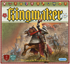 Cover of Kingmaker: a mounted figure in full armour crowns himself triumphantly