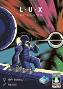 Cover of Lux Aeterna - a spacesuited astronaut looks at the black hole while working on the outside of the ship