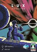 Cover of Lux Aeterna - a spacesuited astronaut looks at the black hole while working on the outside of the ship