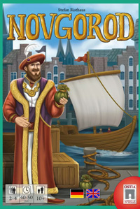 Cover of Novgorod: a richly-clad merchant stands on the dockside as a ship arrives behind him
