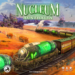 Cover of Nucleum Austrialia: a train carrying green glowing nucleums winds across the Australian landscape