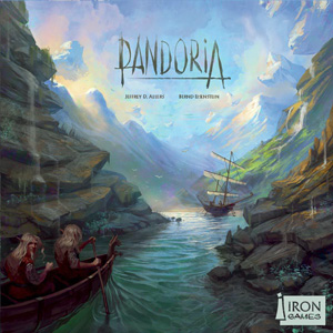Cover of Pandoria: explorers travel through a gorge in small boats