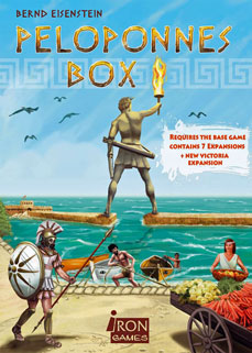 Vover from the Peloponnes Box: a busy quayside in Ancient Greece with the Colossus of Rhodes in the background
