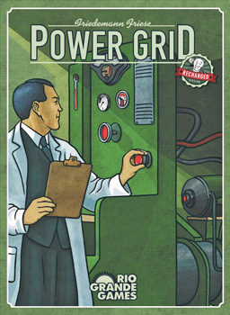 The cover of Power Grid: a white-coated engineer adjusts a dial on power station equipment
