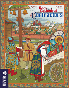Cover of The Red Cathedral Contractors expansion: a merchant pays an artisan for a stained glass window depicting a saint that's loaded into a cart