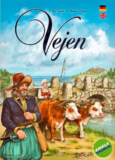 Cover of Vejen: a merchant stands by as his wife brings their ox-cart across a bridge