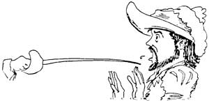 A Musketeer surrenders with a swordpoint at his throat