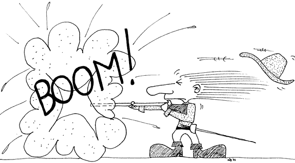 Boom! A Musketeer's hat is blown back by the discharge from his weapon