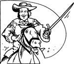 A mounted Musketeer charges towards the viewer, sword outstretched