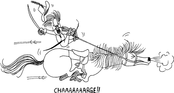 Chaaaaaaarge! A Musketeer loses his hat, but hangs on to the reins as his enthusiastic horse charges