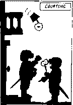 A silhouette of two Musketeers arguing on a young lady's doorstep as a flowerpot descends on them