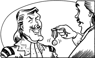 A Musketeer smiles smugly as a medal is proffered to him