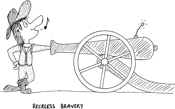 Reckless Bravery: A Musketeer whistles nonchalantly as he blocks a cannon muzzle with his fist