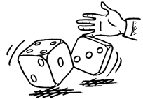 A hand rolls two dice towards the viewer from the right