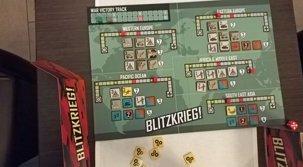 Playing Blitzkrieg! - the Axis player is two points ahead, but the Allies have the advantage on the board