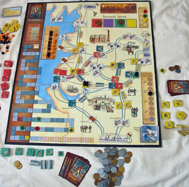 The board and components of Brass with a game in progress