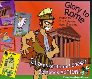 Glory to Rome box art: a legionary urges action in front of Roman buildings